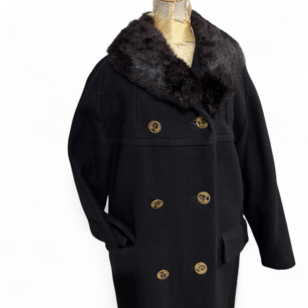 VTG Wool Trench Coat Women M Black Fur Lined & collar Brass Queen Elizabeth Btn - Picture 5 of 10